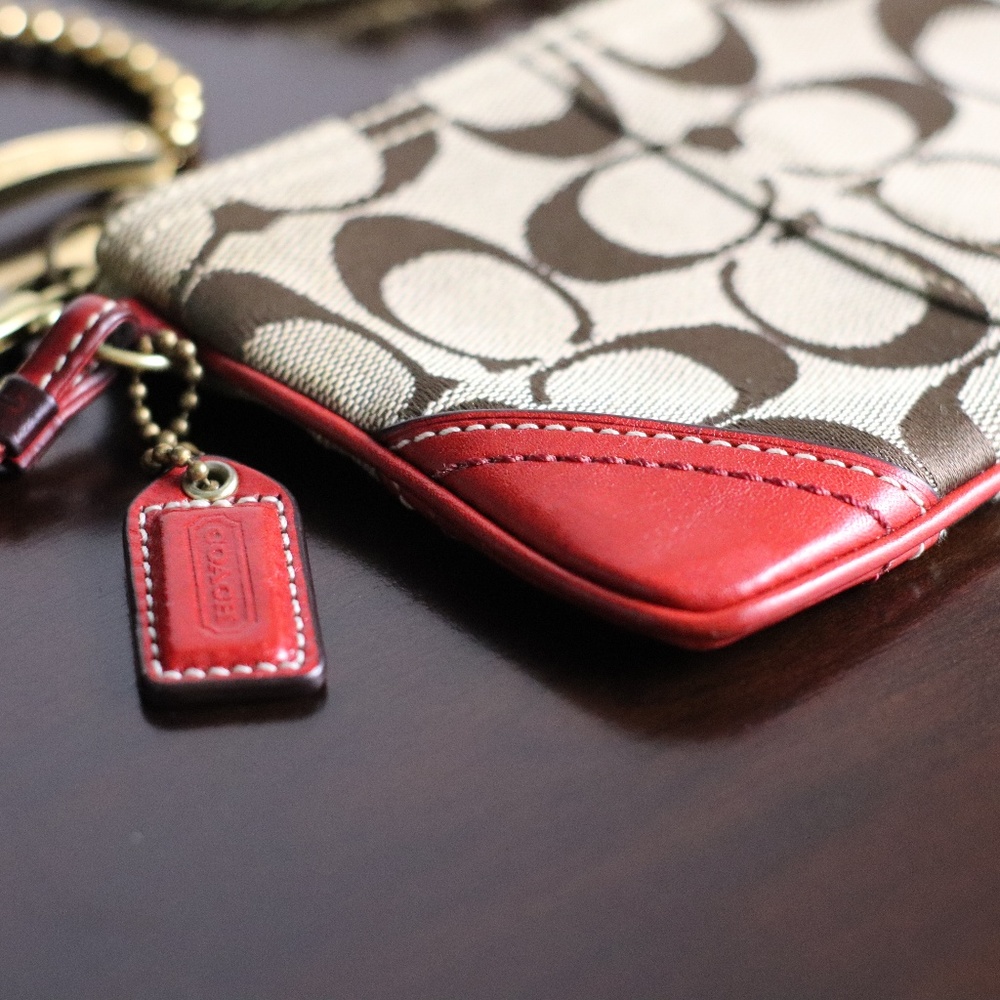 Coach Signature Brown Canvas Red Leather Wristlet